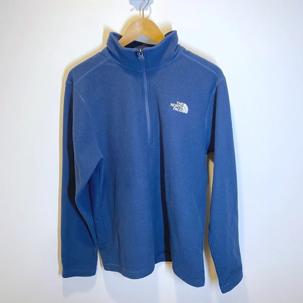 The North Face Fleece Pullover Mens Large Blue Excellent Quarter Zip Waffle Knit